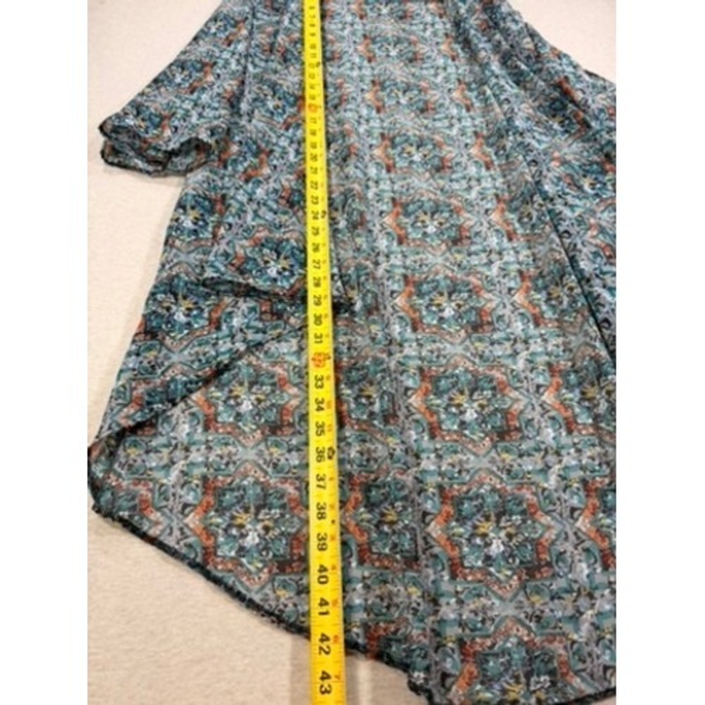 Espresso Kimono Cardigan Women 1X Teal Orange Boho Sheer Geometric High-Low Wrap - Picture 3 of 5